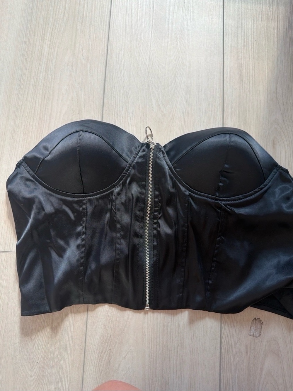NWT Love by Design Black Strapless Satin Corset Top w Front Zip - Picture 2 of 5